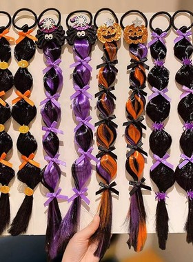 女童卡通奇趣万圣节日圣诞灯笼辫蝴蝶结发绳假发辫橙色南瓜发圈女