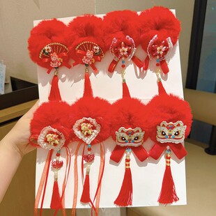 马年儿童元旦舞台表演发饰红色丸子头毛圈醒狮流苏头饰过年发圈女