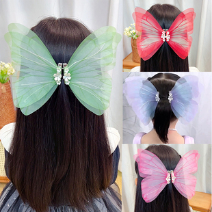 儿童超仙立体薄纱大蝴蝶对夹女童古风舞台表演头饰仿真翅膀发夹女