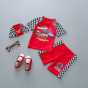 2025年新款 汪汪队动漫儿童防晒游泳衣速干 小汽车男童分体泳衣套装