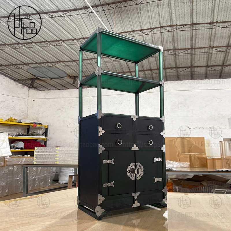 亚克力艺术中式博古柜定制加工收纳简约置物架墨绿色落地陈列架