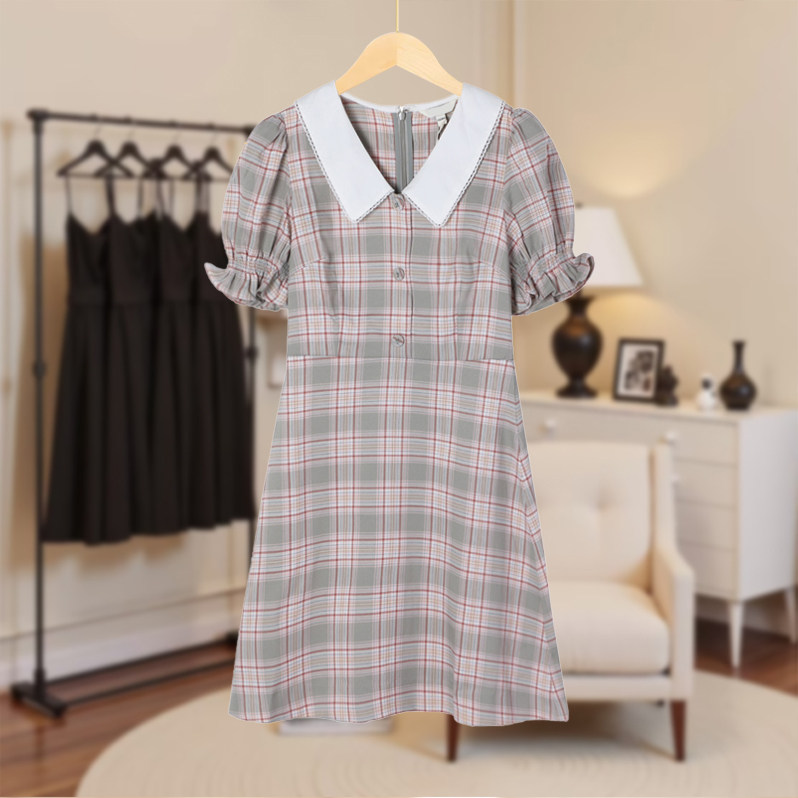 【恋】修身显瘦长裙小众格子时尚格纹娃娃领连衣裙B84