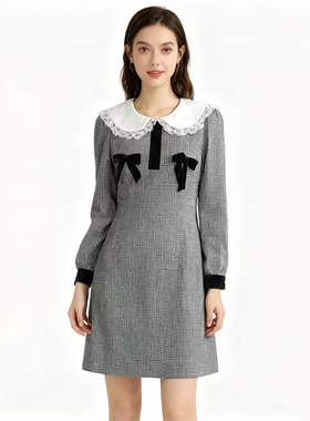 RM系列-时尚气质简约格纹娃娃领长袖连衣裙显瘦百搭YL955