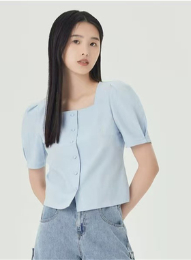 SP系列-时尚气质简约甜美浅蓝色泡泡袖短袖衬衫P896
