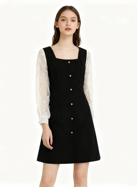 【恋】淑女连衣裙蕾丝拼接撞色气质优雅收腰显瘦高级感YL930