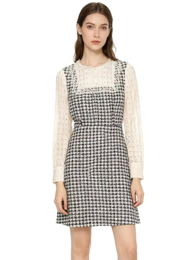 RM系列-时尚气质简约透气千鸟格拼接蕾丝连衣裙YL932
