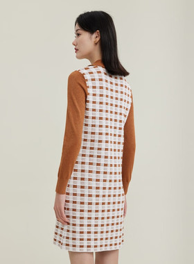 【Y恋】-小香风翻领格纹拼接连衣裙气质优雅舒适日常城市通勤EA4