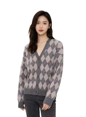 【D玛纳】女士线衫V领菱格宽松气质休闲舒适百搭慵懒风开衫DMA776