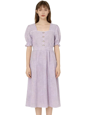 RM系列-时尚气质简约舒适透气紫色格子泡泡袖连衣裙YL983