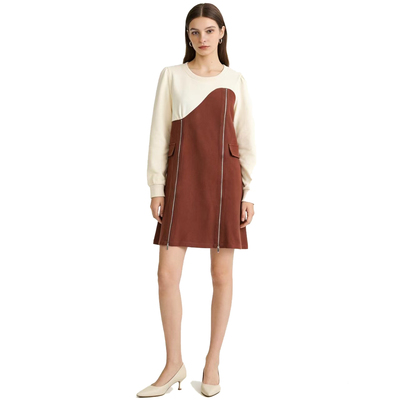 【D玛纳】时尚长袖连衣裙拼接撞色中长款气质优雅高级感DMA1144