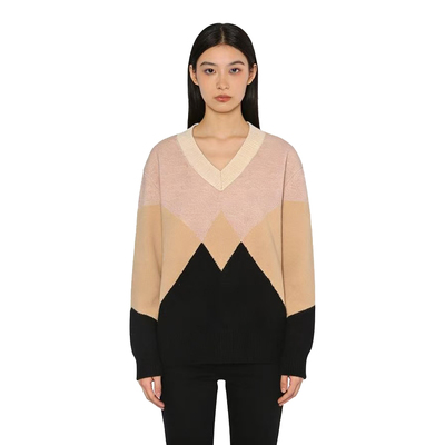 【D玛纳】撞色线衫V领几何图案气质保暖舒适日常休闲百搭DMA1077