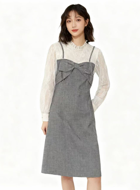 RM系列-时尚气质简约透气格纹拼接蝴蝶结吊带裙显瘦百搭YL964