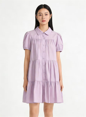 SP系列-时尚气质简约甜美浅紫色收腰衬衫短袖连衣裙P891/P1189