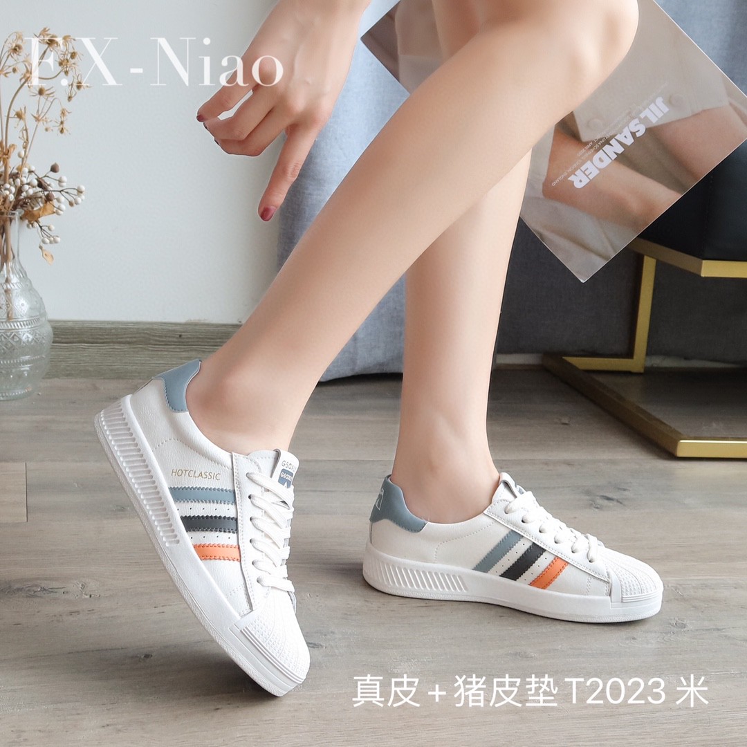 逢喜鸟品牌温州真皮女休闲鞋小白鞋板鞋鞋贝壳头板鞋三道杠韩版鞋