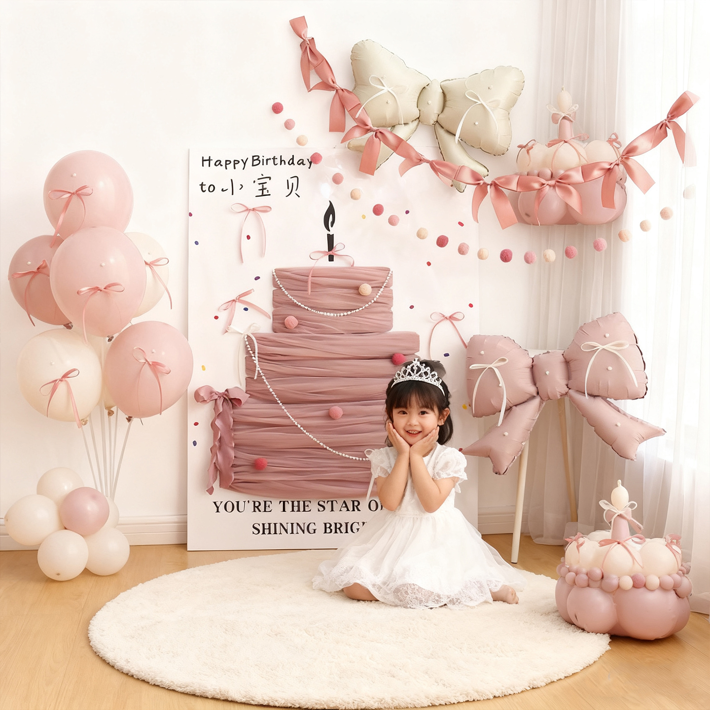 女孩生日布置蛋糕网纱气球KT板