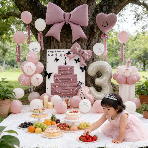 韩系粉色蝴蝶结生日气球套装儿童小女孩宝宝3岁周岁派对装饰布置