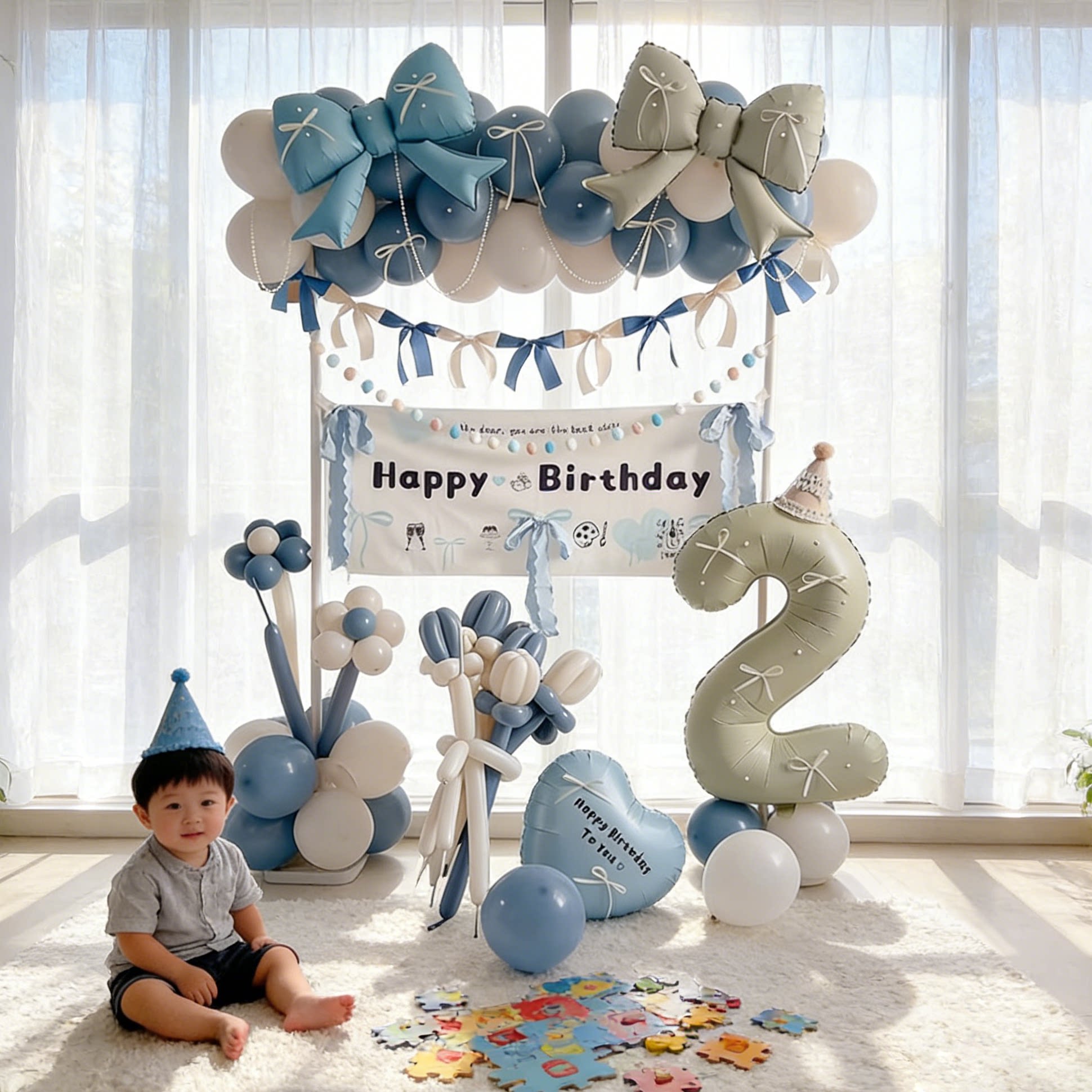 男女孩宝暮光蓝生日派对气球套装蝴蝶结客厅阳台布置装饰用品2岁6