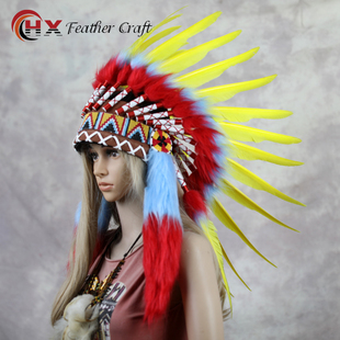 新款 印第安酋长帽子羽毛头饰黄色头戴表演舞会道具羽毛头带