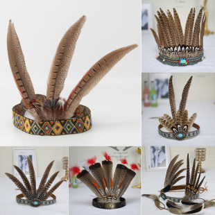 新款印第安羽毛头发饰野鸡毛头饰非洲夸张酋长帽走秀表演舞台道具