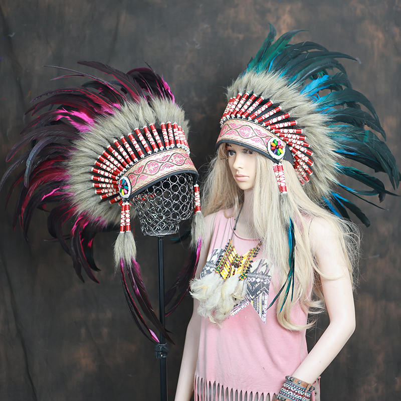 新款彩色羽毛头饰印第安发饰野人酋长头戴舞台表演摄影走秀道具