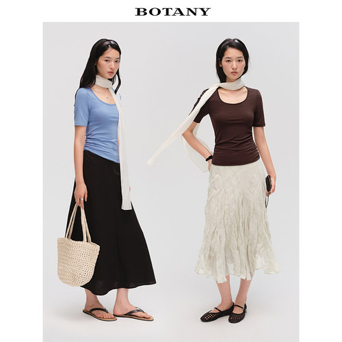 「现货」BOTANY30夏日复古芭蕾风简约大U领高弹针织短袖t恤