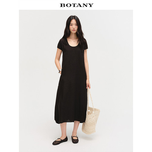 「现货」BOTANY30复古极简U领100亚麻花苞下摆连肩袖连衣裙