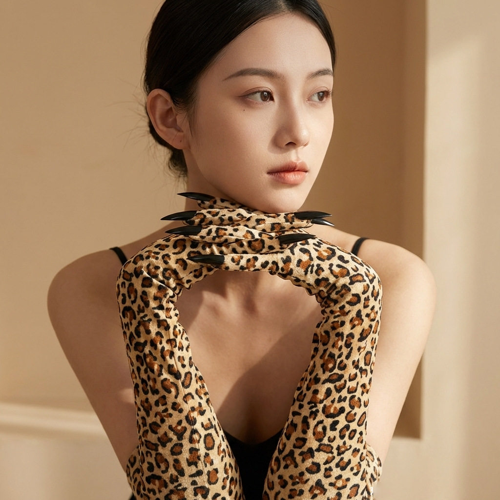 欧美万圣节性感豹纹指甲长款手套女时尚辣妹夜店派对演出手套