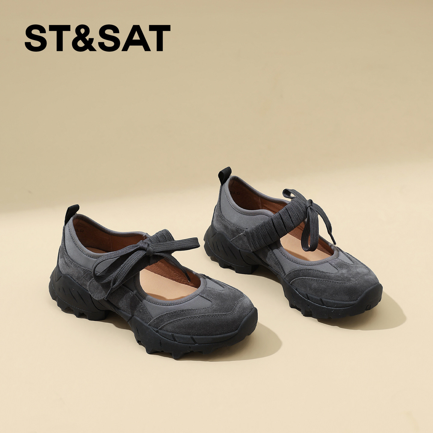 星期六户外休闲真皮厚底运动玛丽珍鞋女2026春季新款绑带浅口单鞋