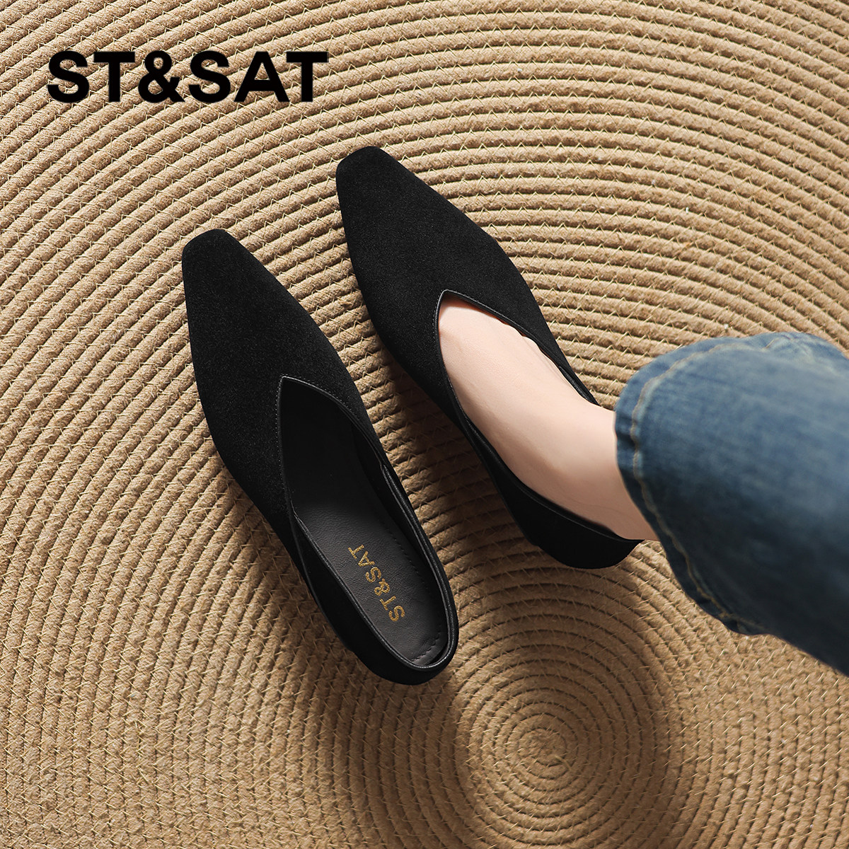 星期六羊皮尖头浅口单鞋女春季新款黑色绒面平底鞋一脚蹬通勤女鞋