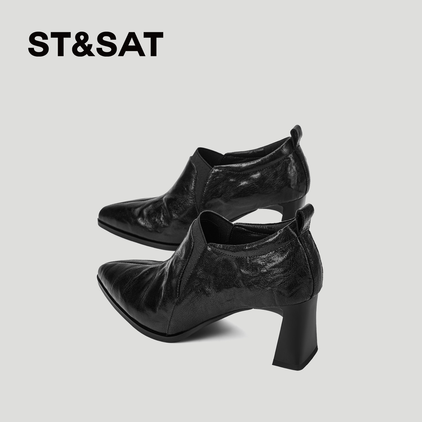 星期六粗跟尖头乐福鞋女单鞋舒适百搭羊皮高跟鞋一脚蹬黑色小皮鞋