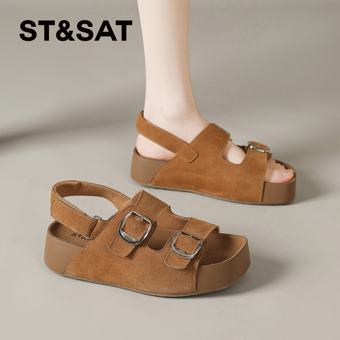 星期六真皮厚底勃肯凉鞋女2026夏季新款百搭配裙子绝美外穿凉拖鞋