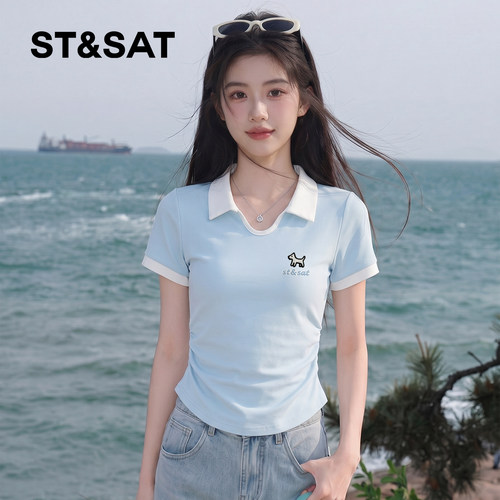 星期六撞色短款polo领短袖t恤女