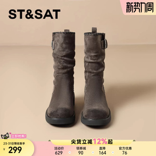 星期六英伦风厚底骑士靴女2025新款 秋冬复古靴子西部靴短靴堆堆靴