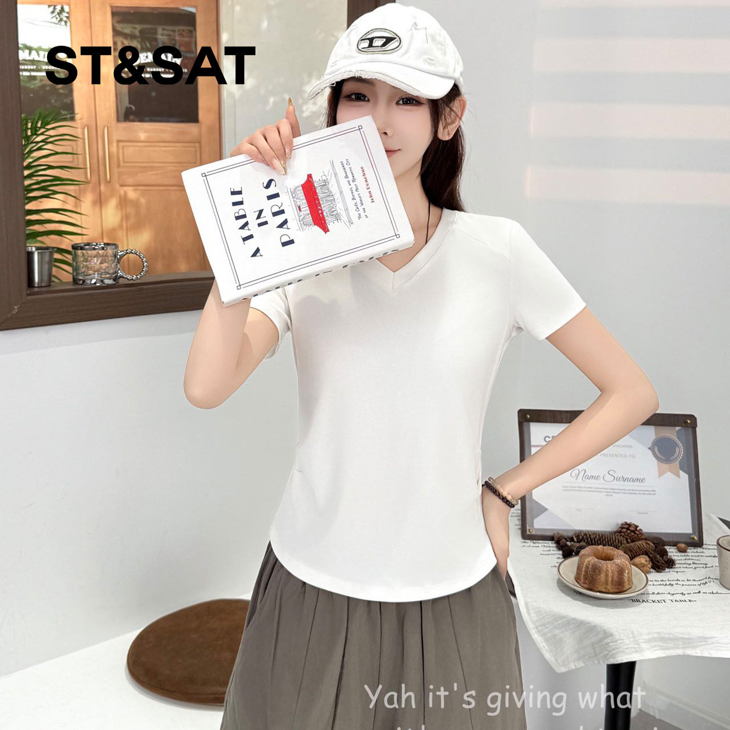 星期六正肩短袖t恤女2026新款夏季v领修身半袖女款纯棉百搭上衣Z