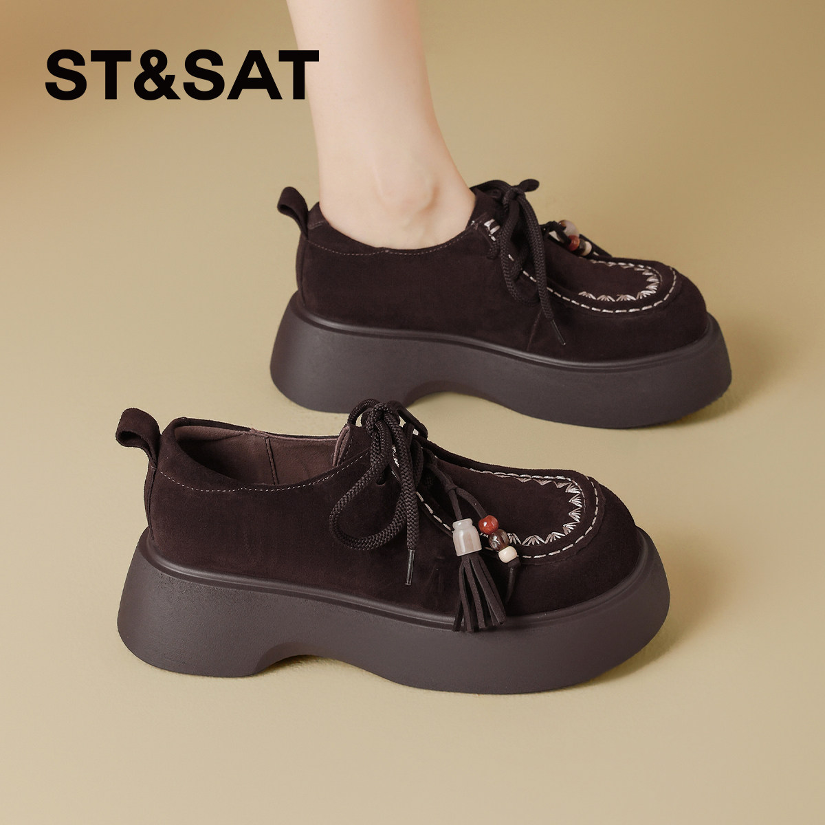 星期六真皮全包勃肯鞋女款2025新款秋季厚底乐福鞋软底复古袋鼠鞋