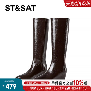 星期六欧美时装 靴女2025秋冬方头内增高不过膝长靴绝美坡跟高筒靴