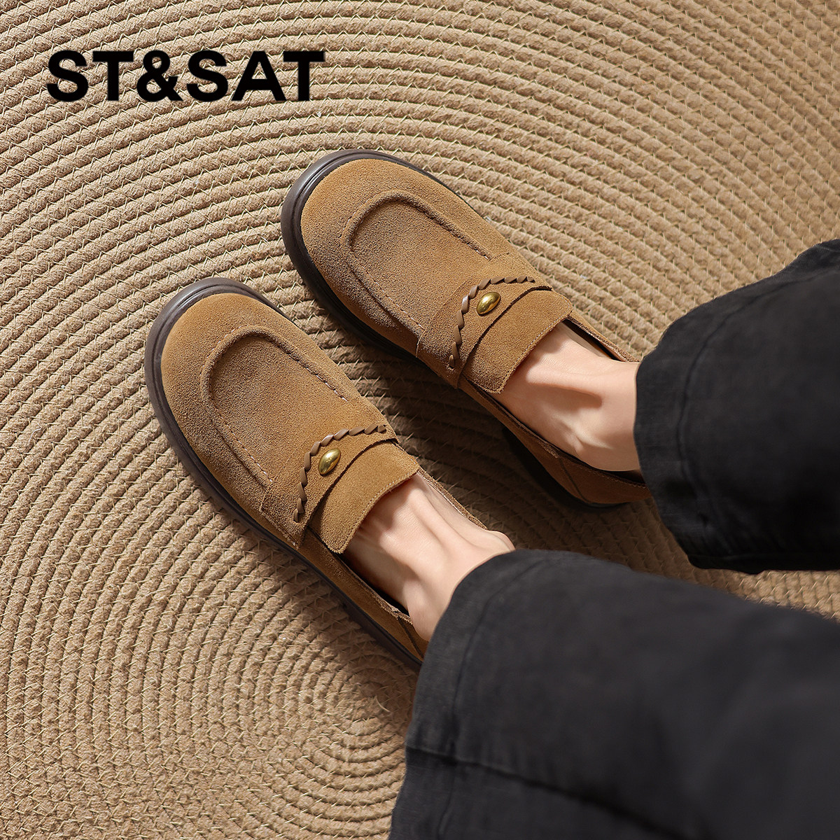 星期六乐福鞋女2026新款厚底老钱风单鞋子一脚蹬通勤小皮鞋平底鞋