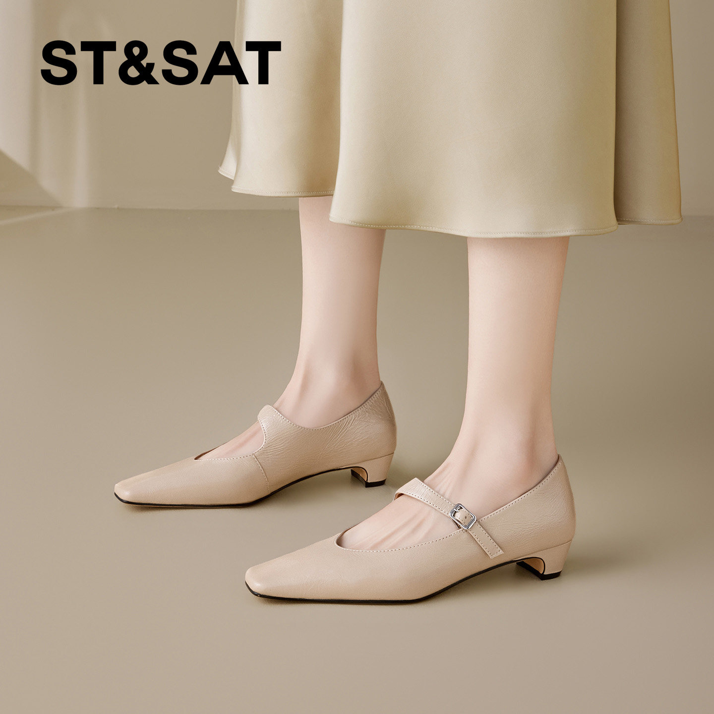 星期六真皮方头粗跟玛丽珍鞋女2026春季新款一字带中跟浅口工作鞋