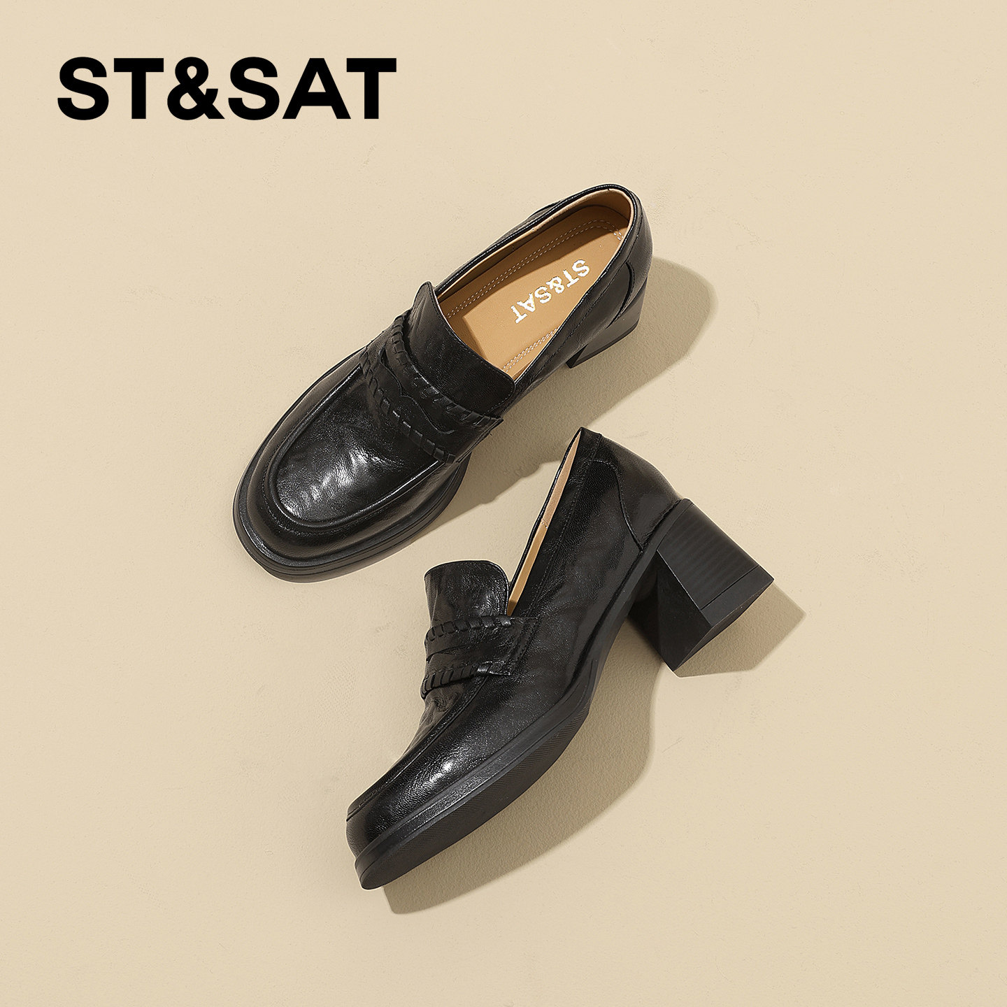 星期六真皮圆头粗跟不累脚高跟鞋女2026年春季新款一脚蹬深口单鞋