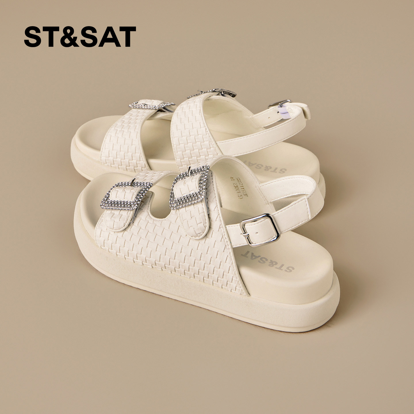 星期六厚底凉鞋女2026夏季新款水钻方扣配裙子编织一字扣带沙滩鞋