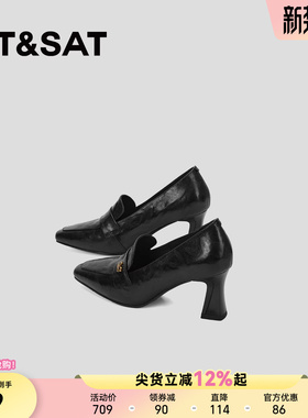星期六春季新款通勤黑色方头中口单鞋女真皮高跟鞋粗跟不累脚皮鞋