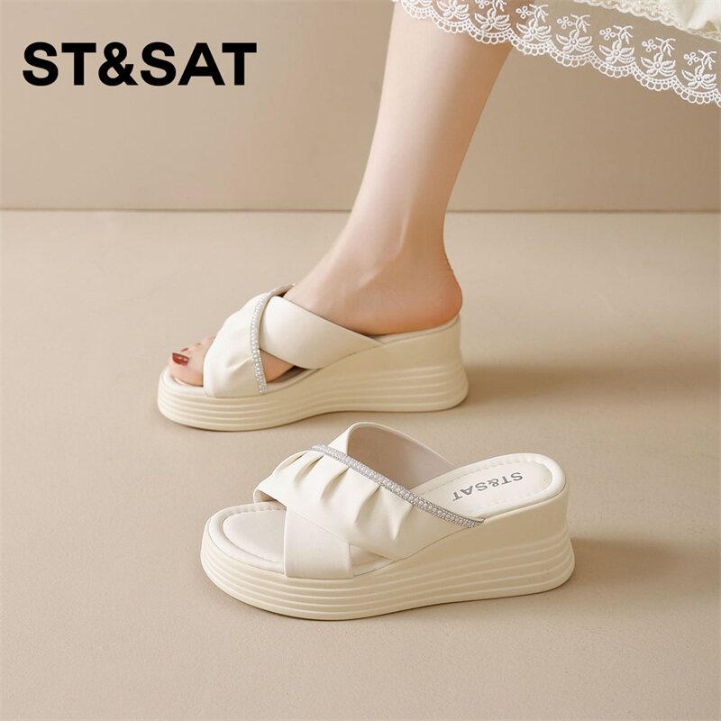 星期六坡跟凉鞋女新款夏季外穿百搭配裙子厚底一字拖鞋增高沙滩鞋