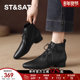 踝靴女款 星期六尖头系带马丁小短靴2025新款 黑色秋冬季 皮靴女靴子