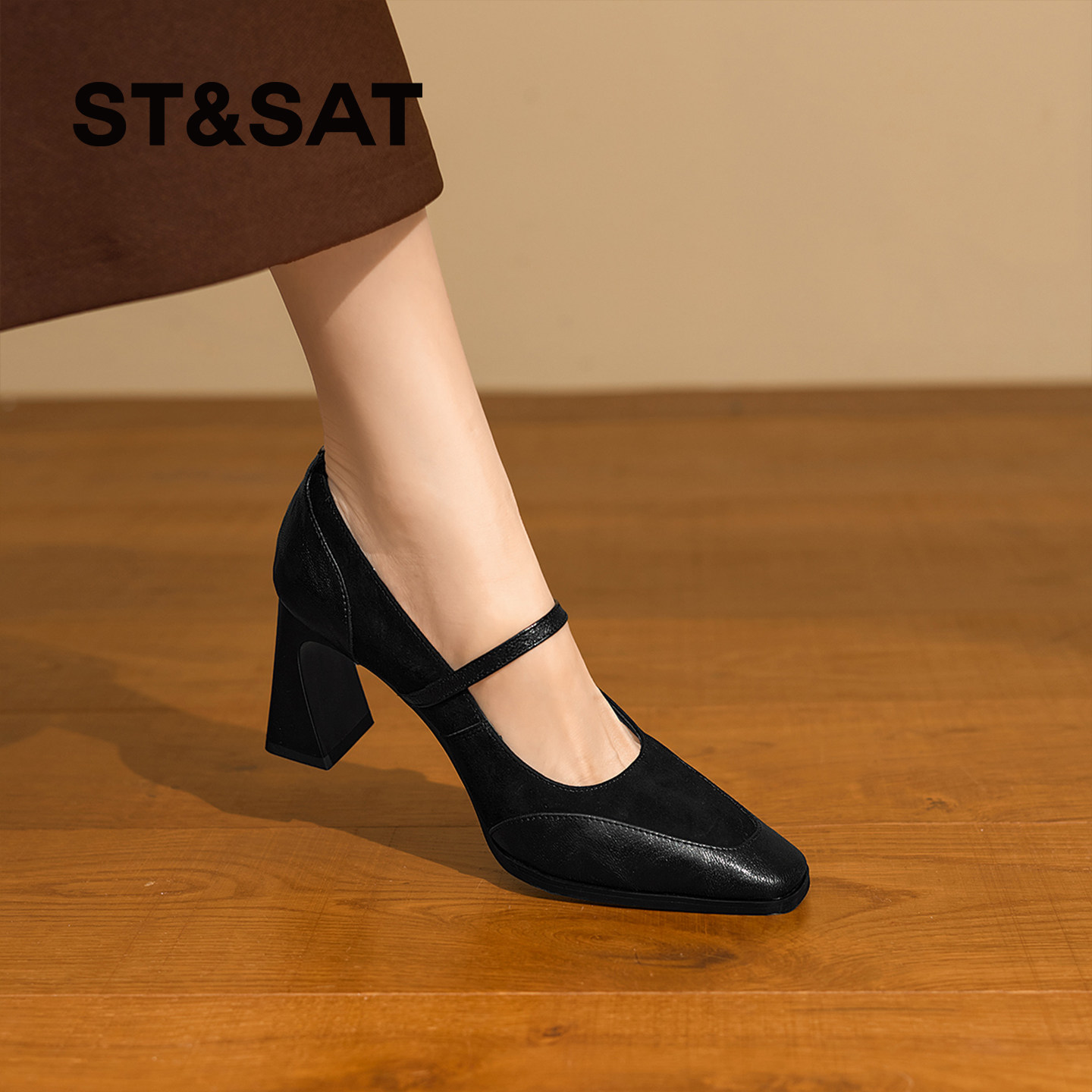 星期六复古黑色真皮玛丽珍鞋女粗跟一字扣通勤高跟鞋气质不累脚