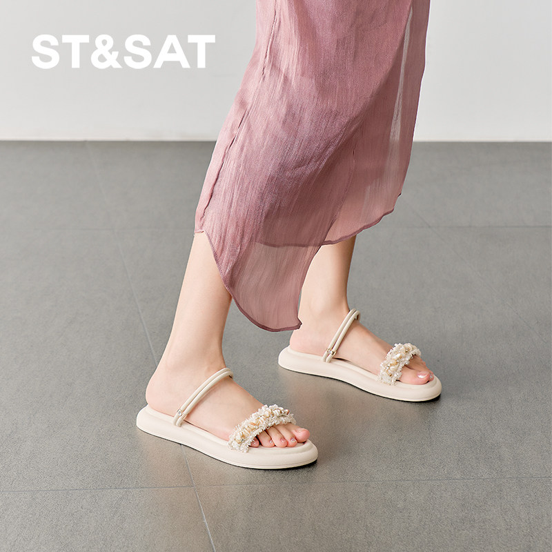 星期六简约时尚休闲凉鞋女2025新款平底舒适厚底半拖鞋SSD2115332