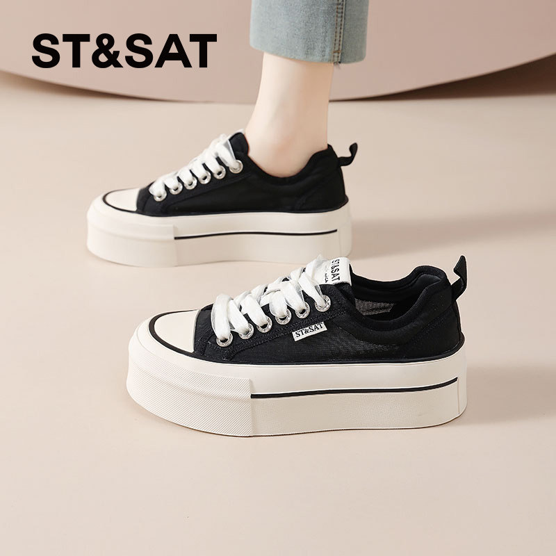 星期六透气帆布鞋女款夏季新款厚底薄款网鞋不闷脚休闲板鞋配裙子