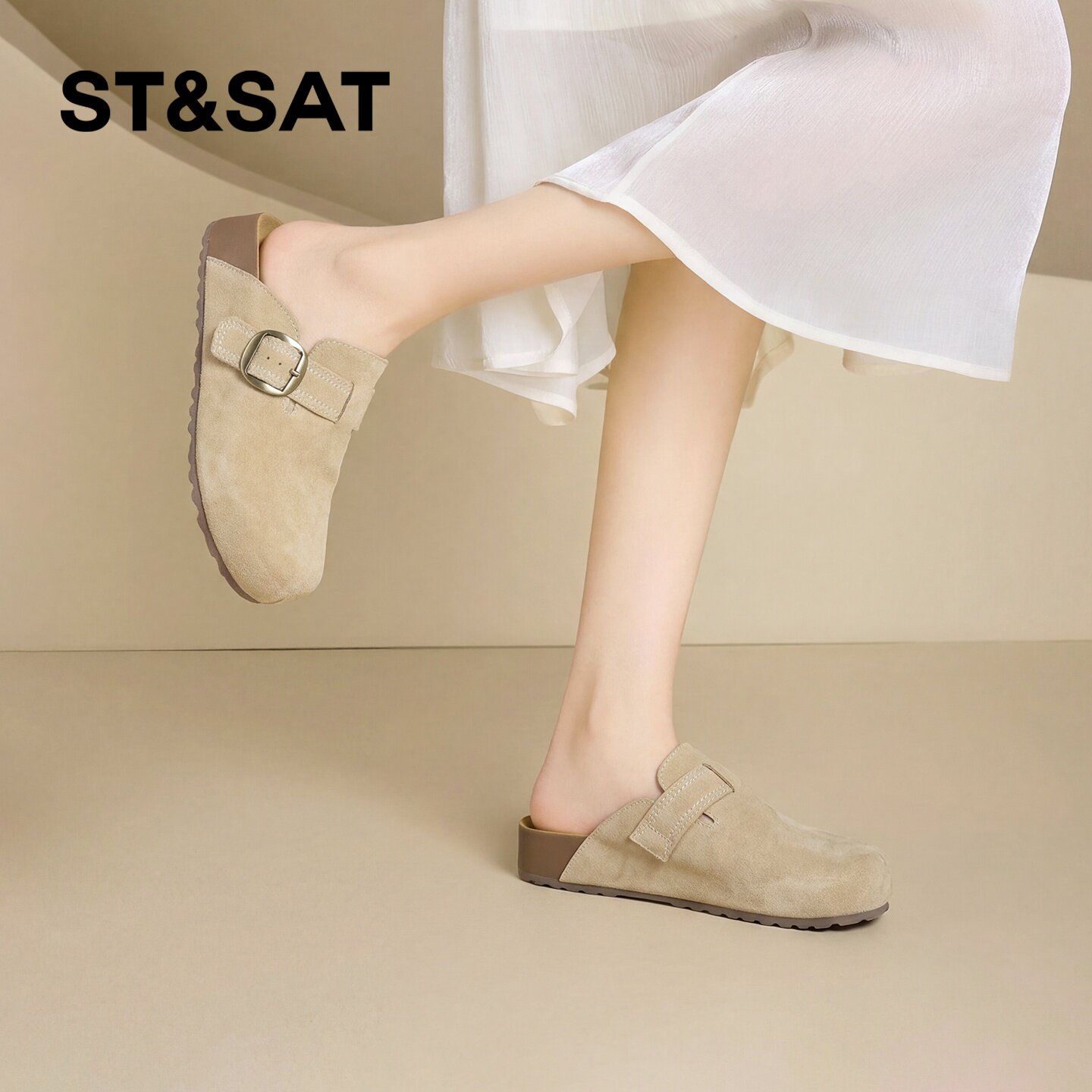 星期六复古勃肯鞋女款2026新款夏平底包头半拖鞋外穿一脚蹬休闲鞋