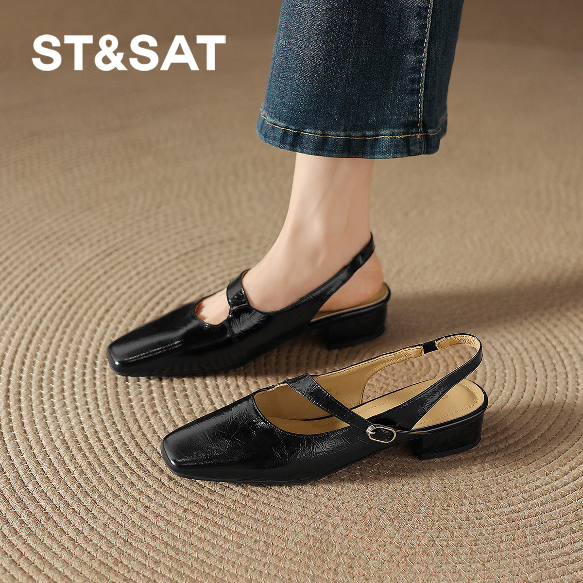 星期六夏季外穿凉鞋女2026新款春季后空粗跟单鞋百搭黑色玛丽珍鞋