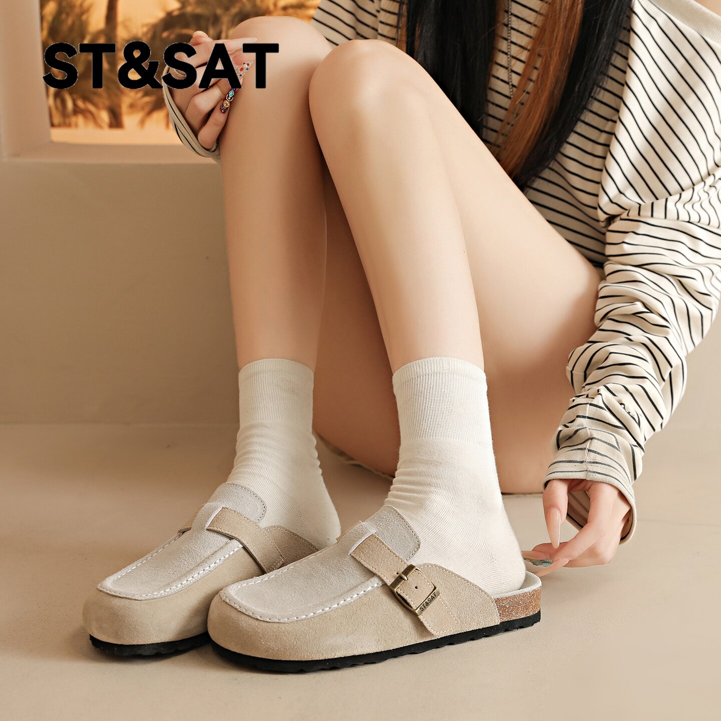 星期六拼色真皮勃肯鞋半拖女2026春新款软底舒适一脚蹬包头穆勒鞋
