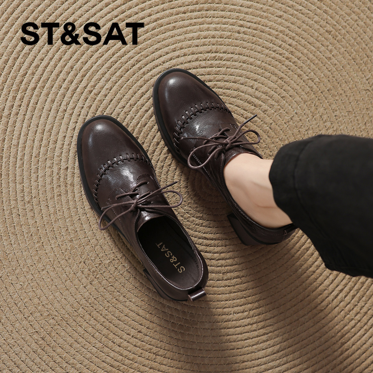 星期六真皮高跟乐福鞋女款2026新款春季棕色单鞋高跟鞋系带小皮鞋